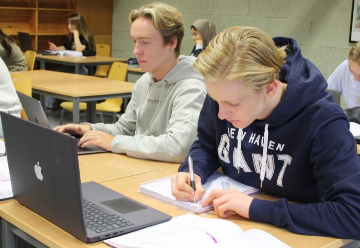 Bilete viser elevar som sit ved pulten og jobbar på PC